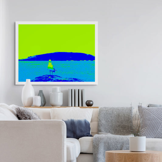Vivid Country - Coffs Harbour - Seagull 1332v3 - Room View, Pop-art style fine art print of a seagull standing on a rock at Coffs Harbour with Gumbaynggirr Mutton Bird Island backdrop, rendered in vivid green, blue, and yellow tones.