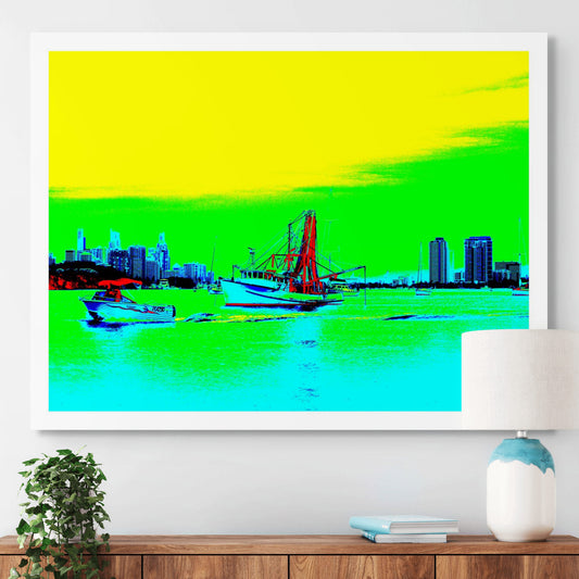 Vivid Country - Gold Coast - Broadwater Boats - 0051v12 - Room View, Pop-art style fine art print of boats on the Gold Coast Broadwater with city skyline backdrop, rendered in vivid turquoise, yellow, green, red, and blue tones.