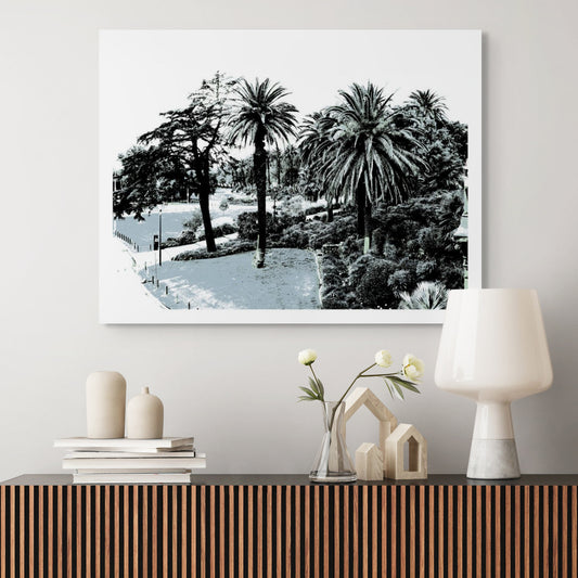 Vivid Country - Melbourne - Alexandra Gardens - 0082v5a - Room View, Stylised fine art print of Alexandra Gardens in Melbourne, featuring palm trees, curved pathways, and layered foliage in soft blue-grey tones.