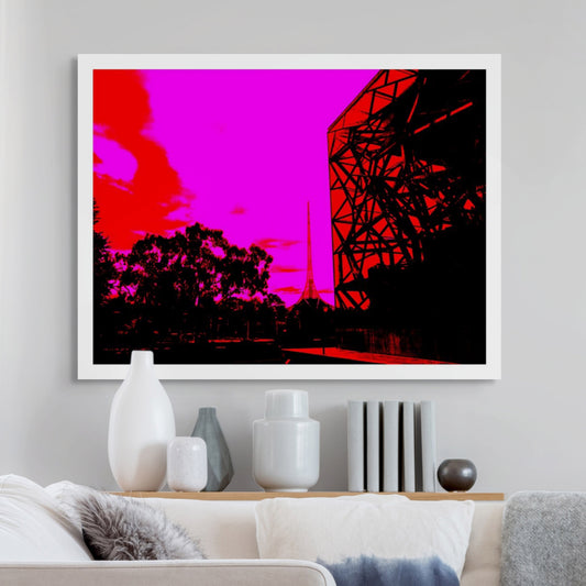 Vivid Country - Melbourne Art Centre from Fed Square - 0046-2v3 - Room View, a striking Pop Art-style view of Melbourne’s Federation Square architecture and the Arts Centre spire, set against a vivid pink and red sky.