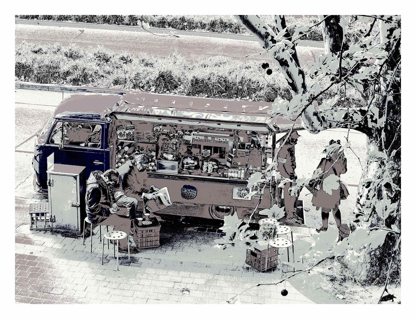 Vivid Country - Melbourne - Art Centre Kombi Coffee - 0100 - 104x81.5cm, Stylised fine art image of a retro Kombi van coffee cart outside Melbourne’s Arts Centre, with seated customers, soft pastel tones, and leafy foreground branches.