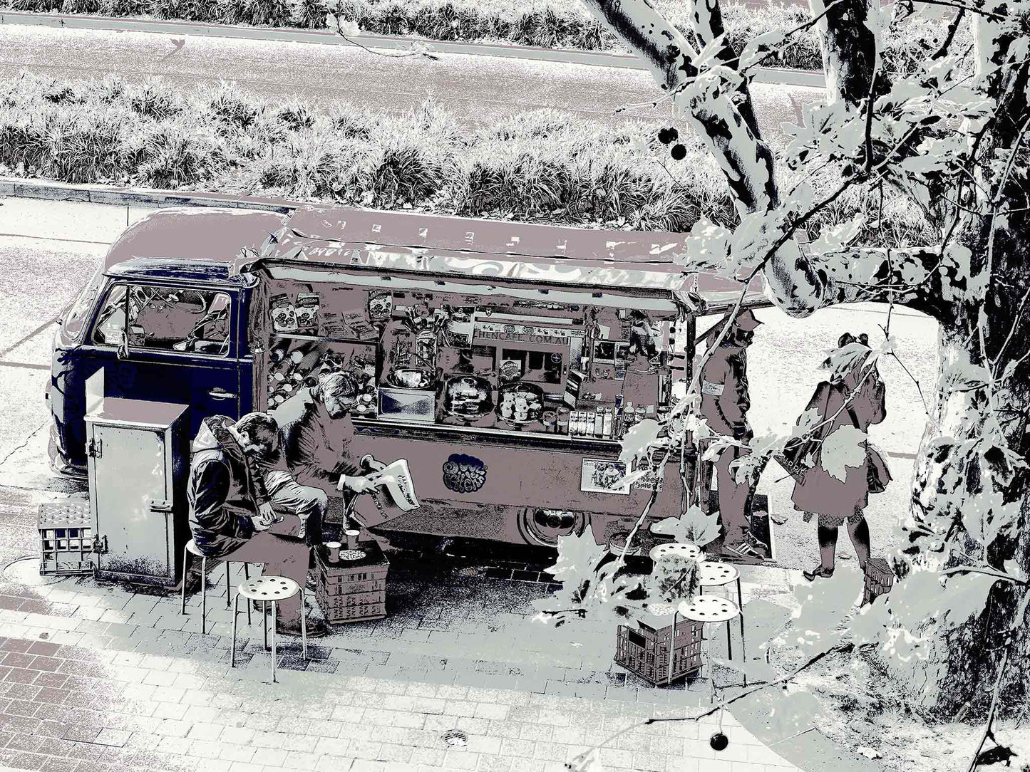 Vivid Country - Melbourne - Art Centre Kombi Coffee - 0100 - 90x67.5cm, Stylised fine art image of a retro Kombi van coffee cart outside Melbourne’s Arts Centre, with seated customers, soft pastel tones, and leafy foreground branches.