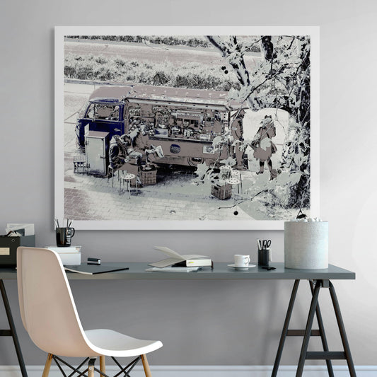 Vivid Country - Melbourne - Art Centre Kombi Coffee - 0100 - Room View, Stylised fine art image of a retro Kombi van coffee cart outside Melbourne’s Arts Centre, with seated customers, soft pastel tones, and leafy foreground branches.