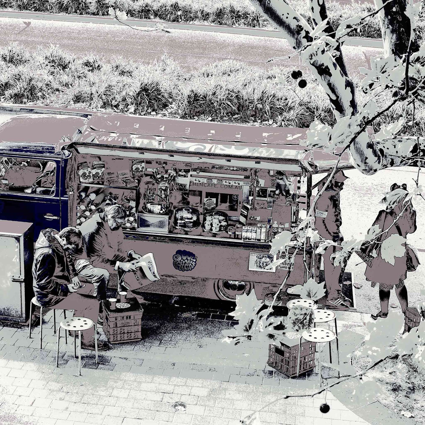 Vivid Country - Melbourne - Art Centre Kombi Coffee - 0100 - Close Detail View, Stylised fine art image of a retro Kombi van coffee cart outside Melbourne’s Arts Centre, with seated customers, soft pastel tones, and leafy foreground branches.