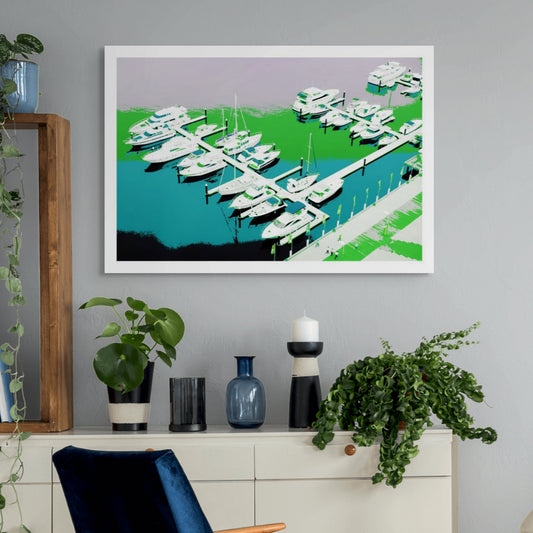 Vivid Country - Melbourne - Docklands - 30107127v15 - Room View, Stylised aerial image of Docklands marina in Melbourne with white yachts moored along piers, vivid gradients of green, blue, and violet water, and figures walking along a patterned waterfront promenade.