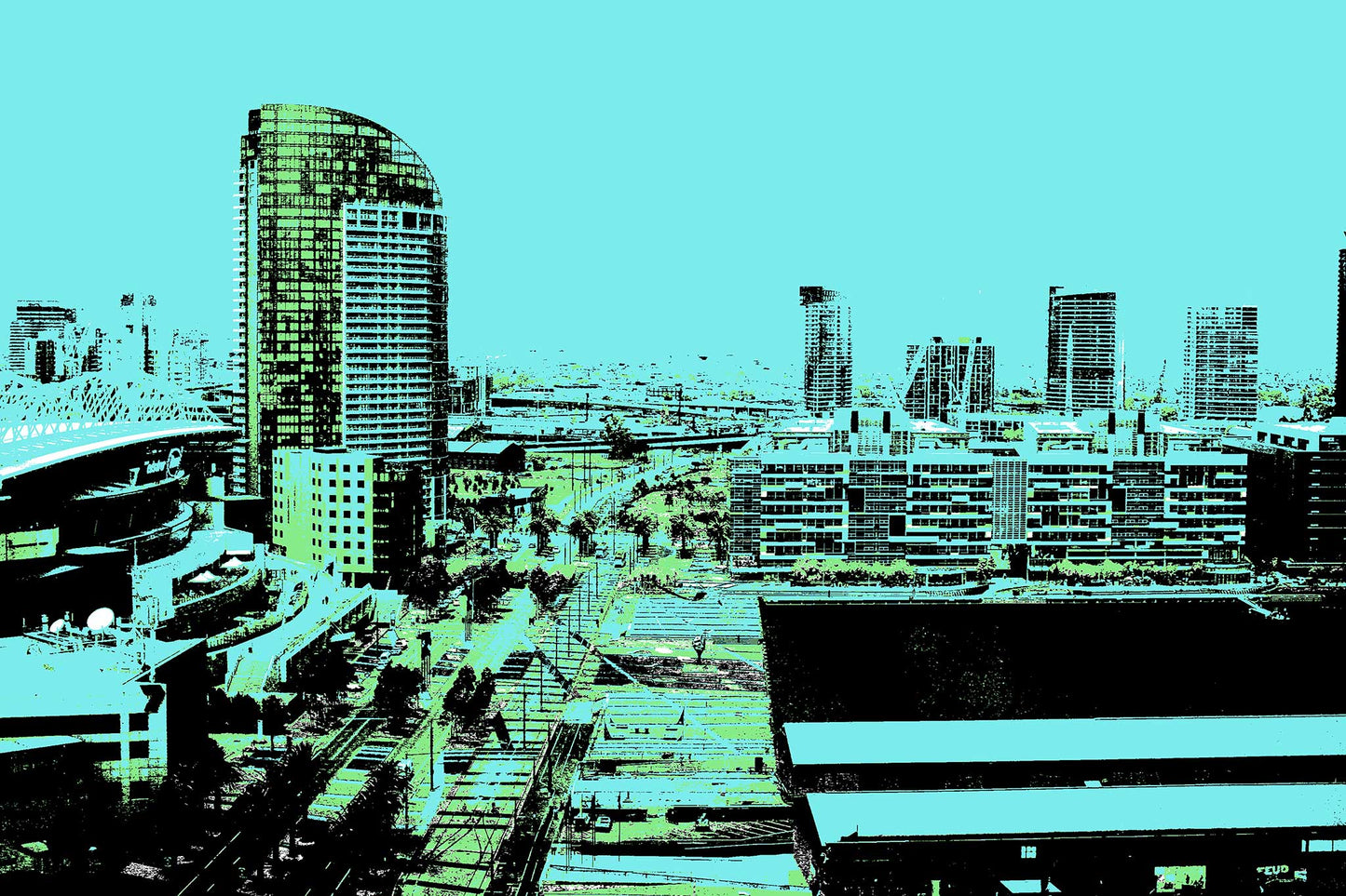 Vivid Country - Melbourne - Docklands - 33607127v8 - 90x60cm, Stylised Pop Art cityscape of Melbourne’s Docklands with tall buildings, stadium, and streets rendered in bold aqua, green, and black tones beneath a vivid cyan sky.