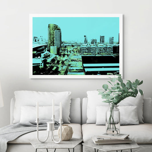 Vivid Country - Melbourne - Docklands - 33607127v8 - Room View, Stylised Pop Art cityscape of Melbourne’s Docklands with tall buildings, stadium, and streets rendered in bold aqua, green, and black tones beneath a vivid cyan sky.