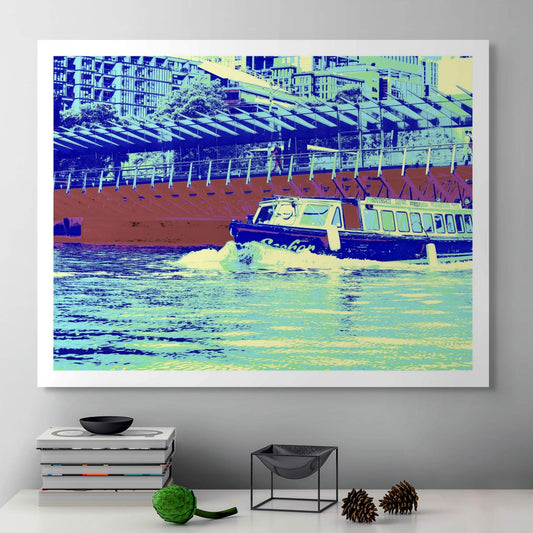 Vivid Country - Melbourne Ferry Boat - 0187v4 - Room View, a colour-rich Pop Art interpretation of a city ferry cruising the Yarra River, set against Southbank’s striking architecture and geometric glass canopy.