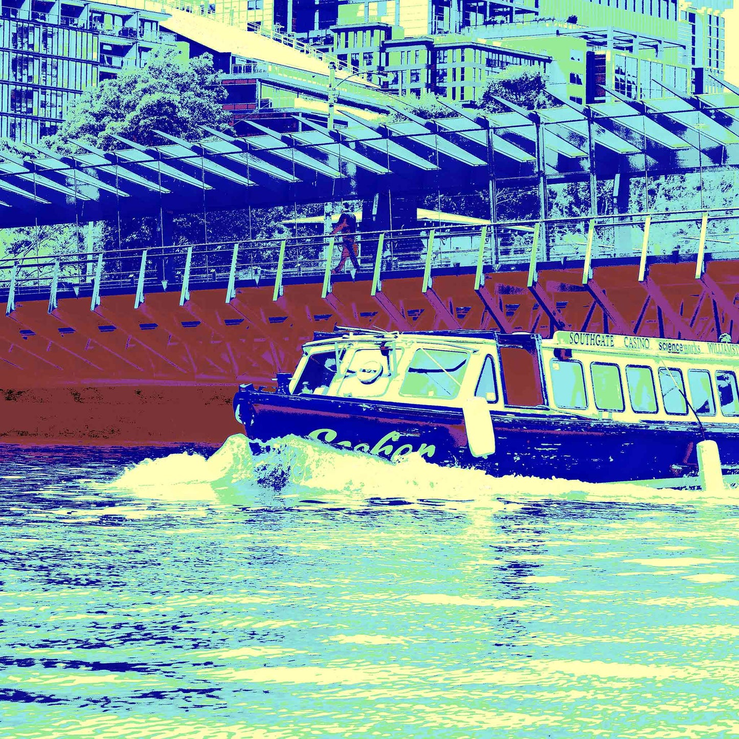 Vivid Country - Melbourne Ferry Boat - 0187v4 - Close Detail View, a colour-rich Pop Art interpretation of a city ferry cruising the Yarra River, set against Southbank’s striking architecture and geometric glass canopy.