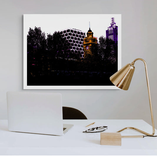 Vivid Country - Melbourne Flinders St Station Clock Tower - 0209v9a - Room View, Pop-art inspired cityscape featuring the iconic golden clock tower framed by silhouetted trees and modern buildings in moody purples and blacks.