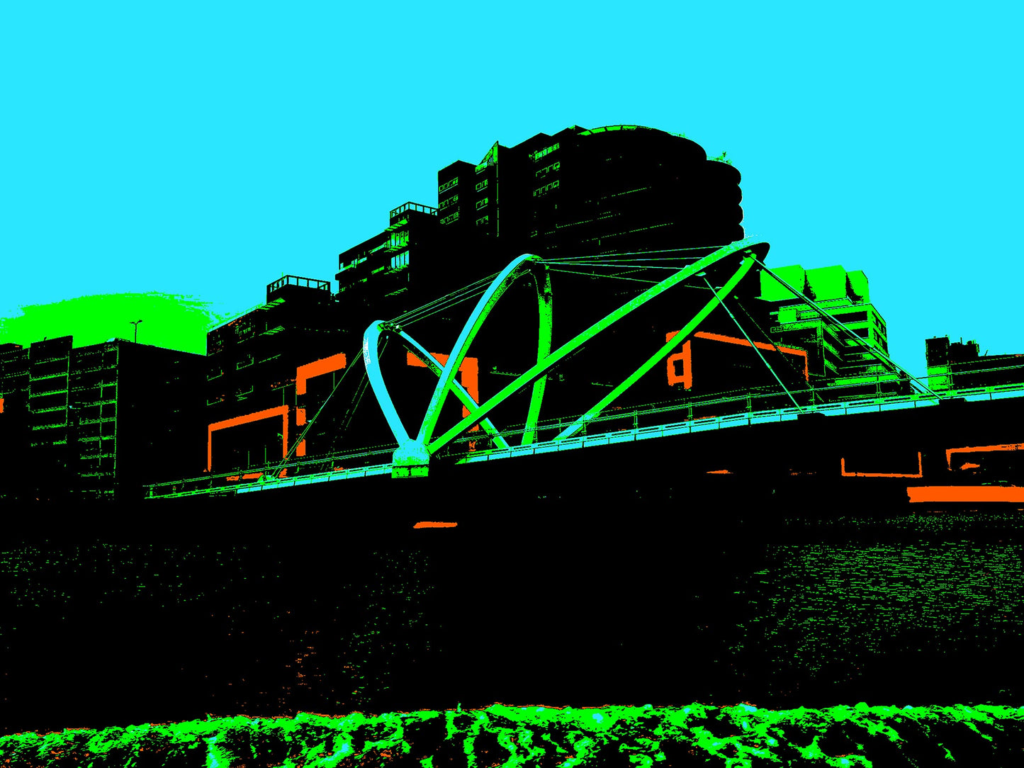 Vivid Country - Melbourne Foot Bridge - 0178-2v7a - 90x67.5cm, a bold pop-art portrayal of a contemporary Melbourne footbridge with vivid green arches, silhouetted buildings, and a turquoise sky. Vibrant, high-contrast composition in graphic tones.