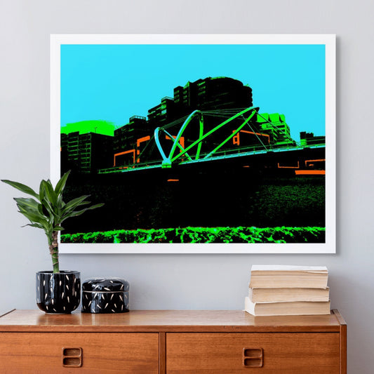 Vivid Country - Melbourne Foot Bridge - 0178-2v7a - Room View, a bold pop-art portrayal of a contemporary Melbourne footbridge with vivid green arches, silhouetted buildings, and a turquoise sky. Vibrant, high-contrast composition in graphic tones.