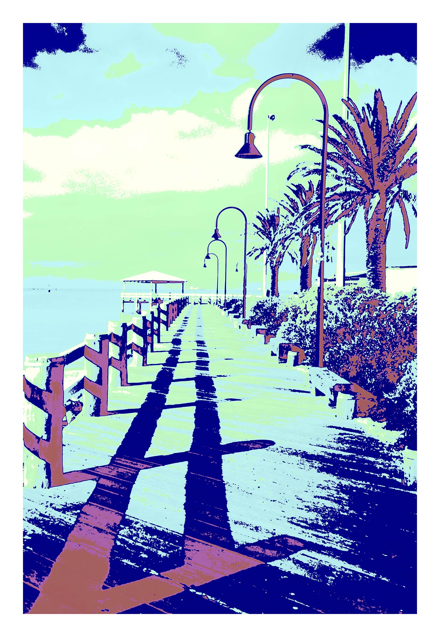 Vivid Country - Melbourne Jetty Port Melbourne - 200004v5 - 74x104cm, a stylised pop-art coastal boardwalk scene featuring palm trees, vintage lamp posts, and sharp cyan shadows stretching across the jetty in high-contrast pastel tones.