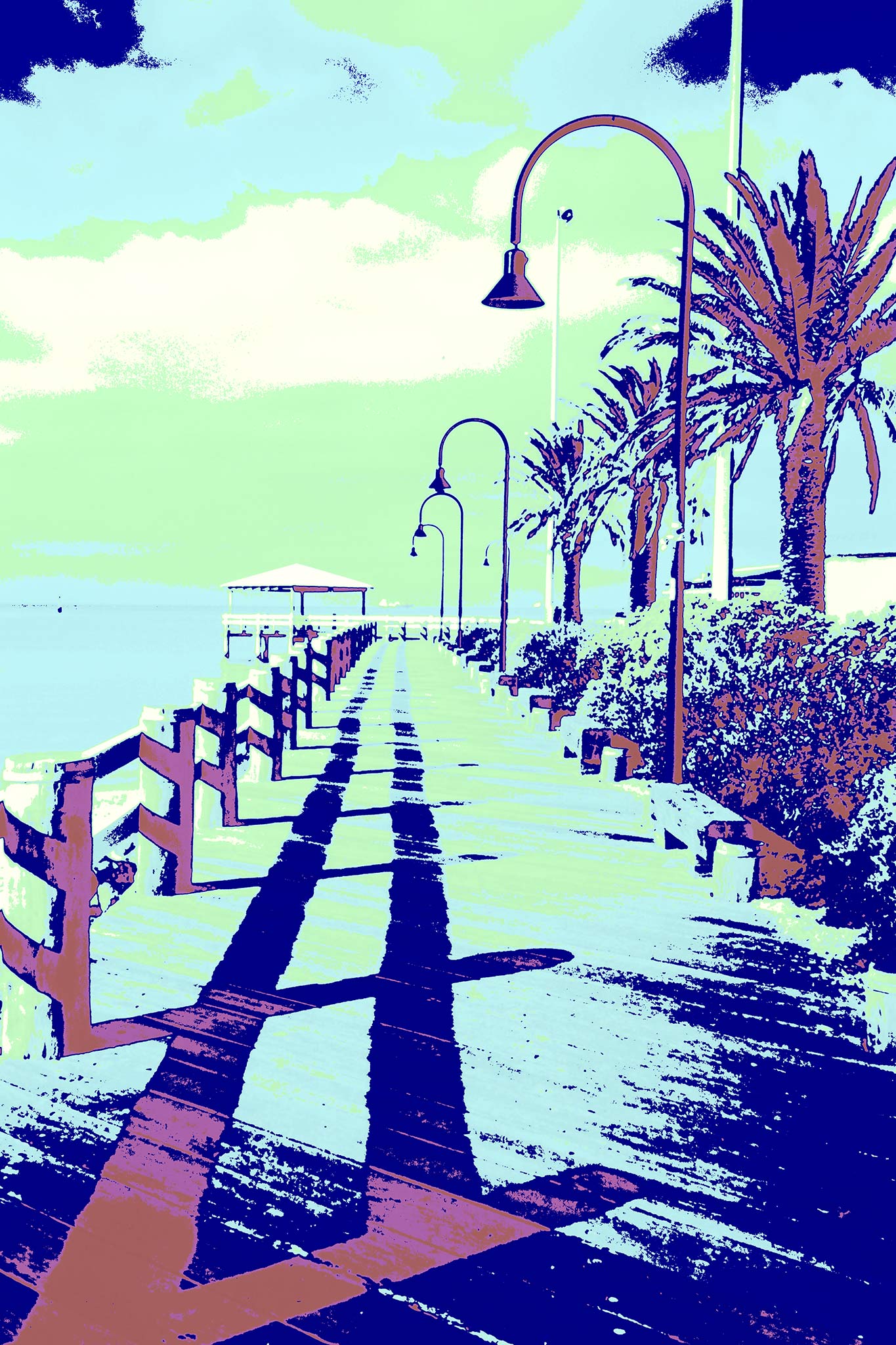 Vivid Country - Melbourne Jetty Port Melbourne - 200004v5 - 60x90cm, a stylised pop-art coastal boardwalk scene featuring palm trees, vintage lamp posts, and sharp cyan shadows stretching across the jetty in high-contrast pastel tones.