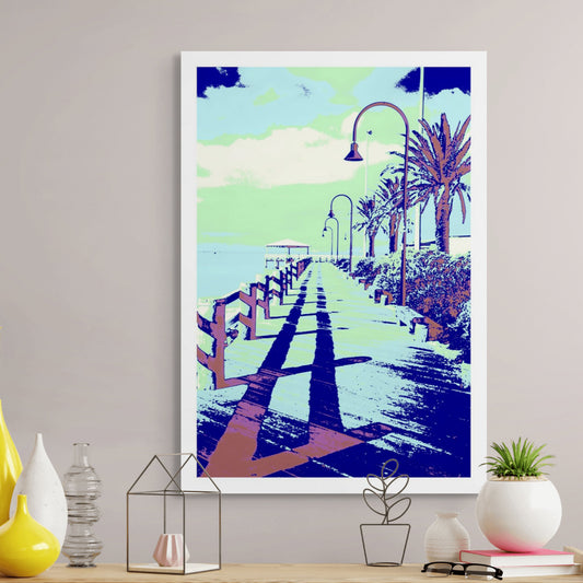 Vivid Country - Melbourne Jetty Port Melbourne - 200004v5 - Room View, a stylised pop-art coastal boardwalk scene featuring palm trees, vintage lamp posts, and sharp cyan shadows stretching across the jetty in high-contrast pastel tones.