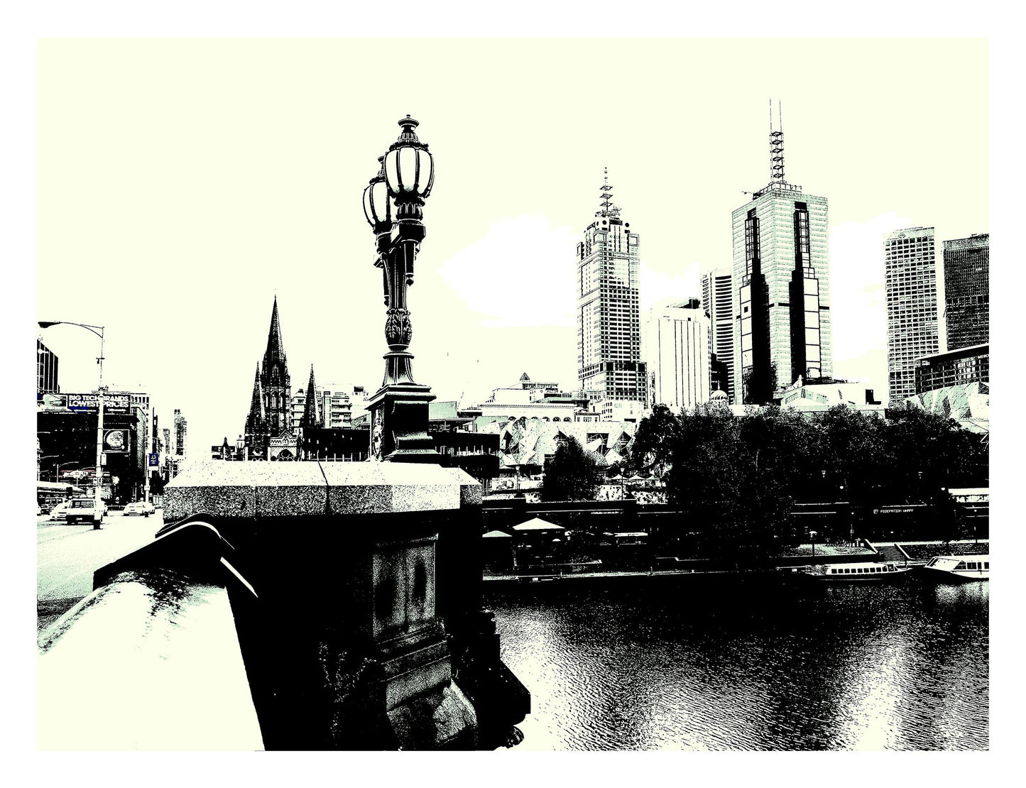 Vivid Country - Melbourne - Princes Bridge - 0085-2v5 - 104x81.5cm, High-contrast black and white fine art print of Melbourne’s Princes Bridge with gothic streetlamp, St Paul’s Cathedral, and city skyline reflected over the Yarra River.