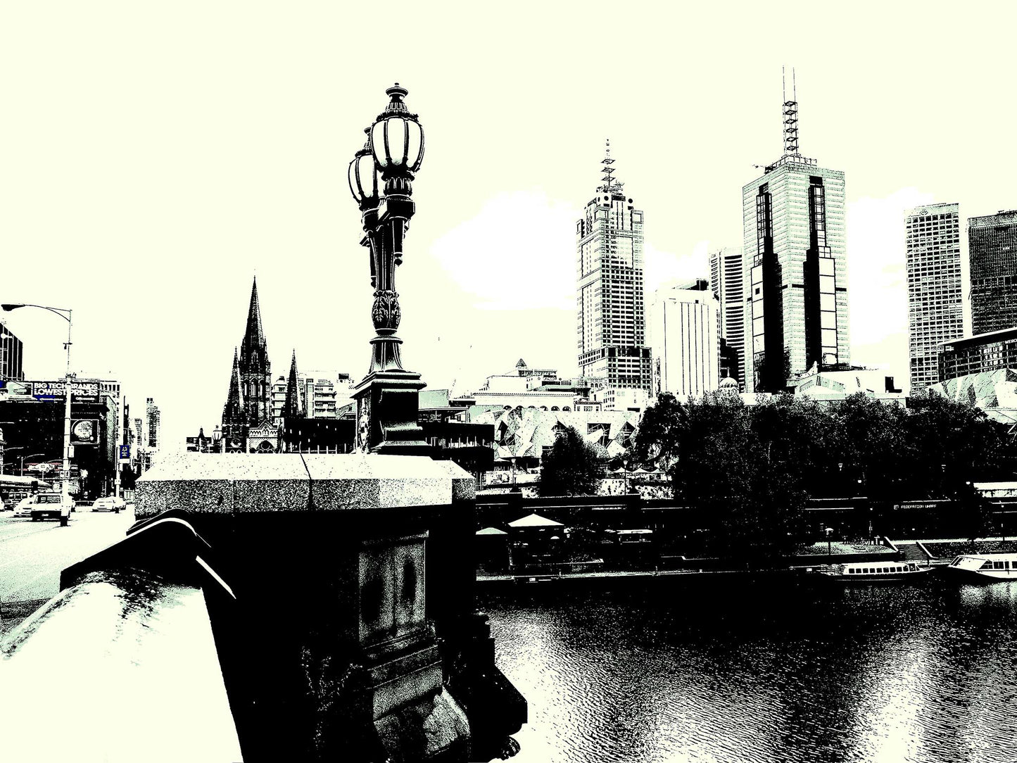 Vivid Country - Melbourne - Princes Bridge - 0085-2v5 - 90x67.5cm, High-contrast black and white fine art print of Melbourne’s Princes Bridge with gothic streetlamp, St Paul’s Cathedral, and city skyline reflected over the Yarra River.