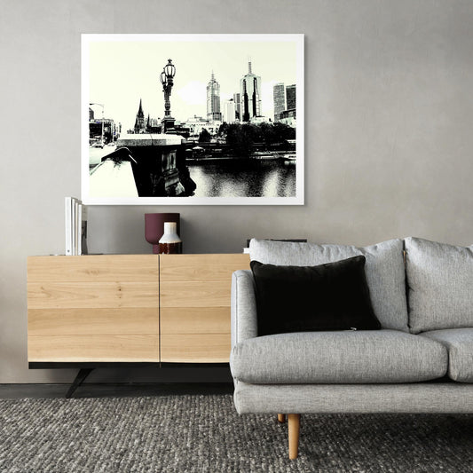 Vivid Country - Melbourne - Princes Bridge - 0085-2v5 - Room View, High-contrast black and white fine art print of Melbourne’s Princes Bridge with gothic streetlamp, St Paul’s Cathedral, and city skyline reflected over the Yarra River.