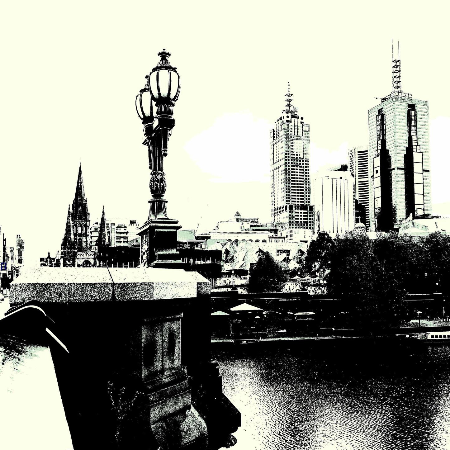 Vivid Country - Melbourne - Princes Bridge - 0085-2v5 - Close Detail View, High-contrast black and white fine art print of Melbourne’s Princes Bridge with gothic streetlamp, St Paul’s Cathedral, and city skyline reflected over the Yarra River.