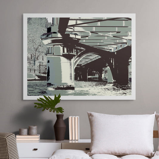 Vivid Country - Melbourne Princess Bridge - 0205v3a - Room View, a stylised view beneath a Melbourne Yarra River bridge rendered in cool monochrome tones of sage, grey, and charcoal with striking steel beams and architectural detail.
