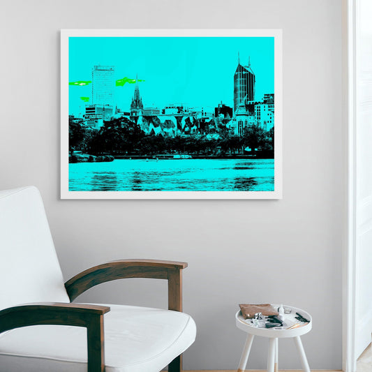 Vivid Country - Melbourne - Rowers - Yarra River City Skyline - 200264v33 - Room View, Stylised duotone image of Melbourne’s city skyline viewed from across the Yarra River, featuring iconic buildings, lush trees, and rowers gliding on the water in the foreground. Pop Art inspired colour treatment.