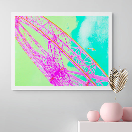 Vivid Country - Melbourne - Southern Star Observation Wheel - 0408v37- Room View, Pop-art style fine art print of Melbourne’s Star Observation Wheel in vivid pink and orange tones, set against a bright turquoise and green sky with a soaring seagull in the distance.
