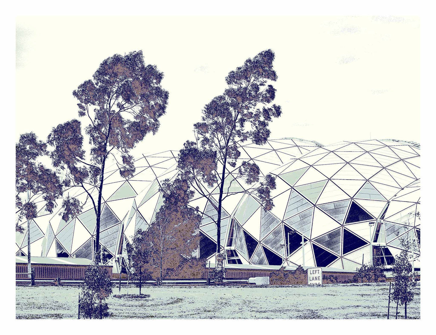 Vivid Country - Melbourne - Stadium - 0237v6a - 104x81.5cm, Stylised fine art print of Melbourne’s AAMI Park stadium with eucalyptus trees in the foreground, featuring geometric domes and a muted palette of lilac, sepia, and white.