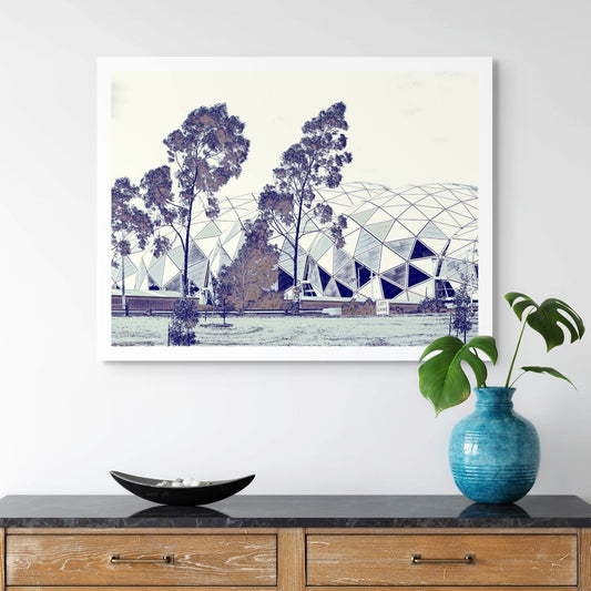 Vivid Country - Melbourne - Stadium - 0237v6a - Room View, Stylised fine art print of Melbourne’s AAMI Park stadium with eucalyptus trees in the foreground, featuring geometric domes and a muted palette of lilac, sepia, and white.