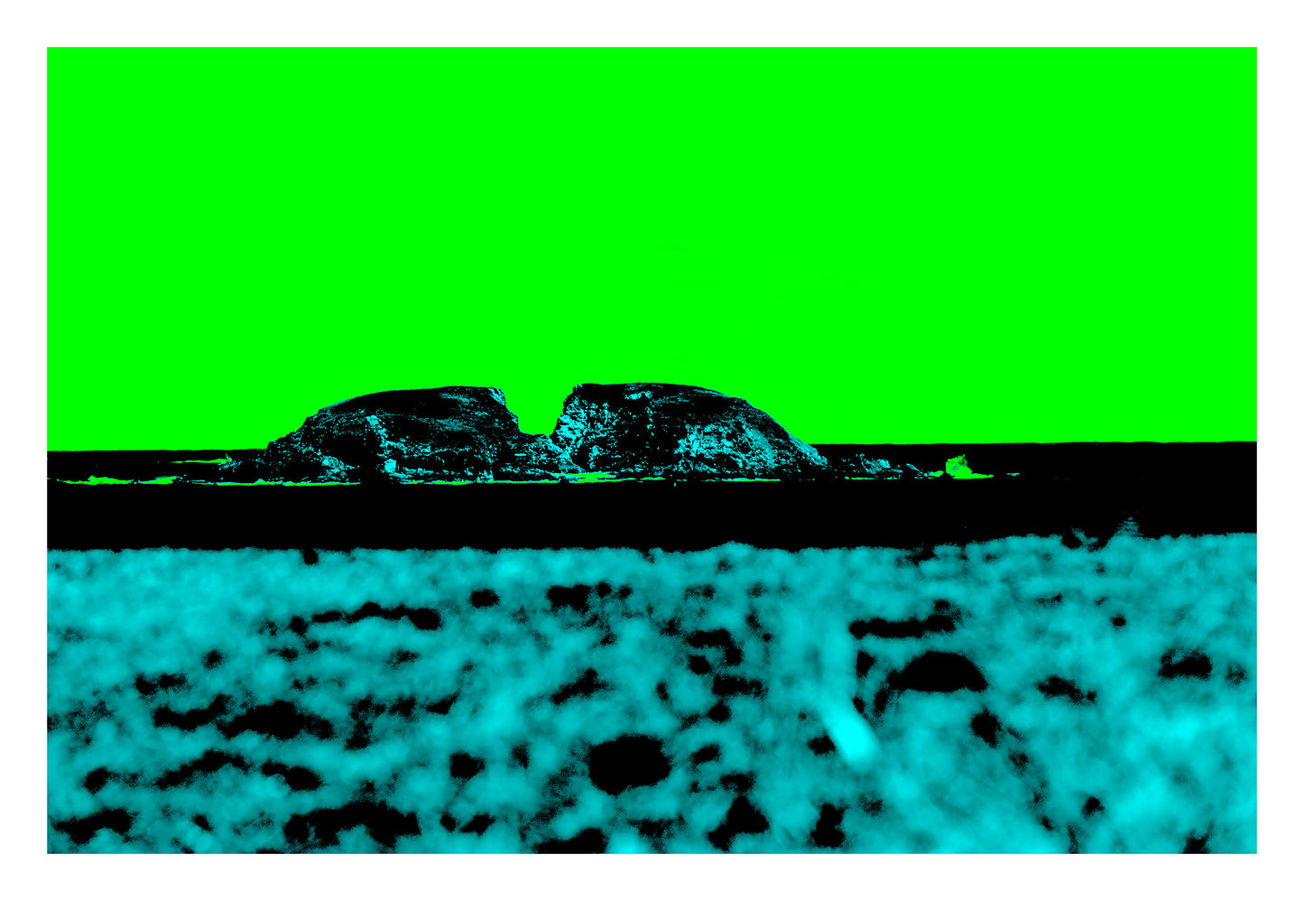 Vivid Country - Moonee Beach View to Split Solitary Island - 0147-2v54 - 104x74cm, a minimalist pop-style artwork featuring Split Solitary Island in silhouette under a neon green sky with textured cyan beach foreground.