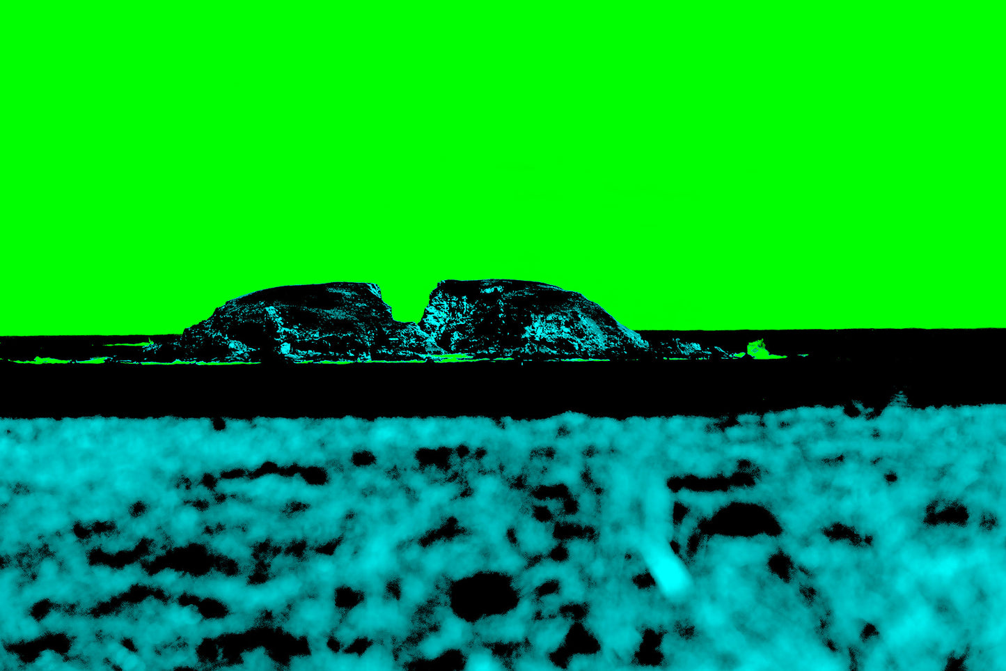 Vivid Country - Moonee Beach View to Split Solitary Island - 0147-2v54 - 90x60cm, a minimalist pop-style artwork featuring Split Solitary Island in silhouette under a neon green sky with textured cyan beach foreground.