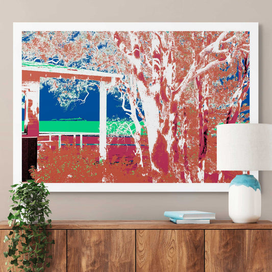 Vivid Country - Moonee Beach View to Split Solitary Island - 9881v5a - Room View, a vibrant composition showing eucalypt trees and a weathered shelter framing a distant view of Split Solitary Island under bold blue sky and aqua sea