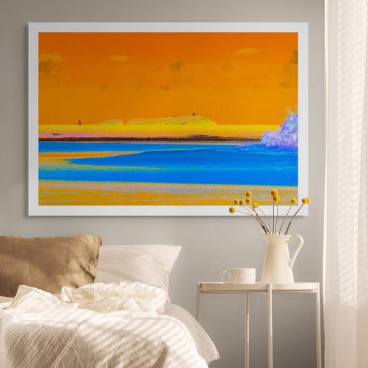 Vivid Country - Moonee Beach View to Split Solitary Island 0138v5 - Room View, Pop-inspired seascape featuring the island and lighthouse on the horizon beneath an orange sky, with bold blue water and vibrant colour contrasts.