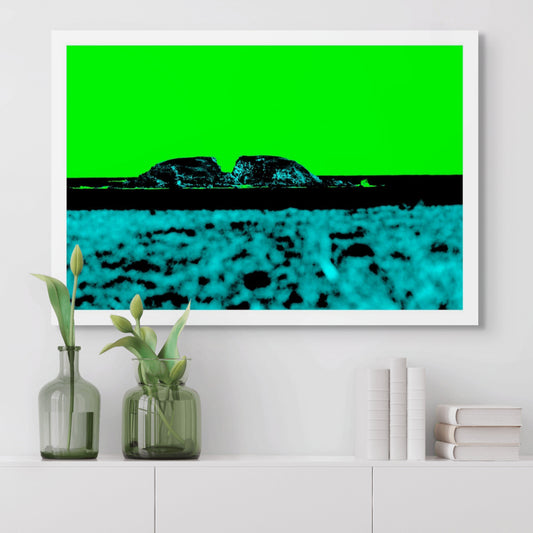 Vivid Country - Moonee Beach View to Split Solitary Island - 0147-2v54 - Room View, a minimalist pop-style artwork featuring Split Solitary Island in silhouette under a neon green sky with textured cyan beach foreground.