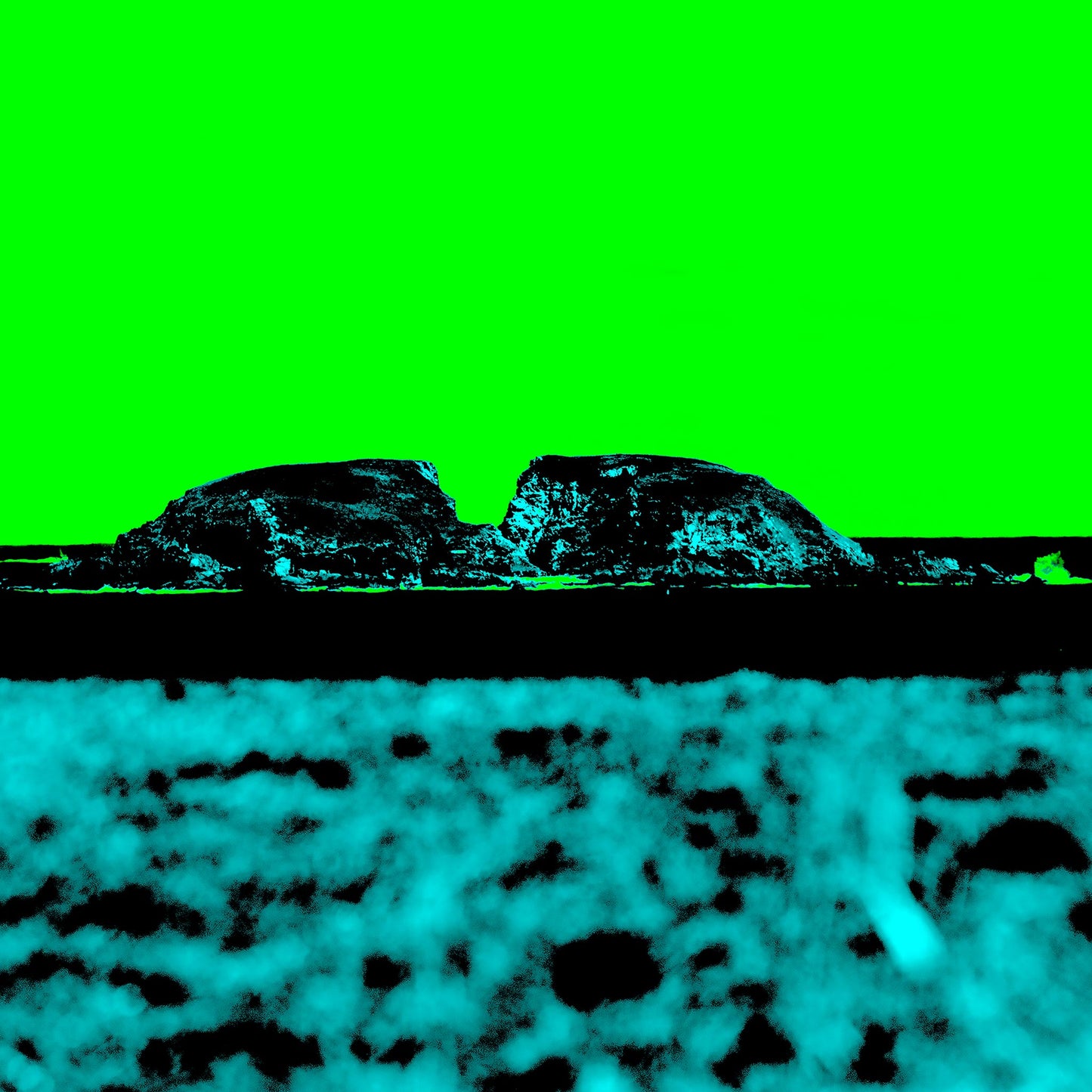 Vivid Country - Moonee Beach View to Split Solitary Island - 0147-2v54 - Close Detail View, a minimalist pop-style artwork featuring Split Solitary Island in silhouette under a neon green sky with textured cyan beach foreground.