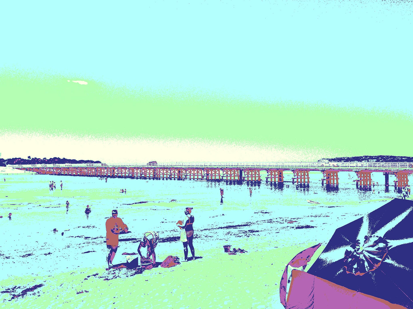 Vivid Country - Queenscliff Beach - 1818v6a - 90x67.5cm, a vivid Pop Art image of Queenscliff beach featuring families, swimmers, a bold umbrella in the foreground, and the long timber pier stretching into soft green skies and cyan sea.