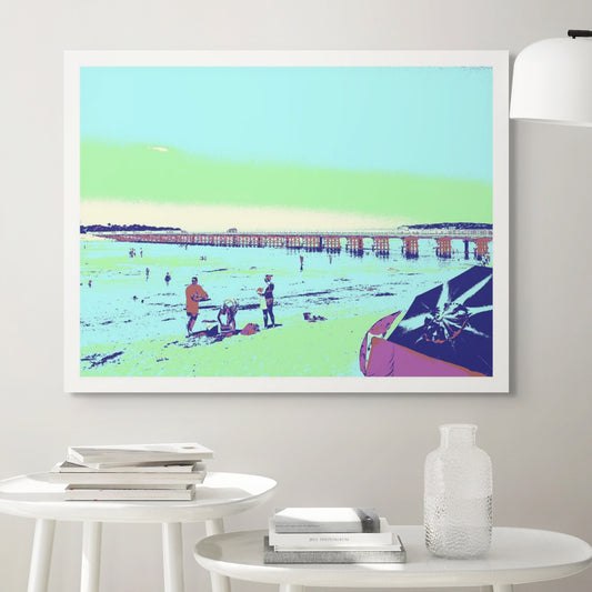 Vivid Country - Queenscliff Beach - 1818v6a - Room View, a vivid Pop Art image of Queenscliff beach featuring families, swimmers, a bold umbrella in the foreground, and the long timber pier stretching into soft green skies and cyan sea.