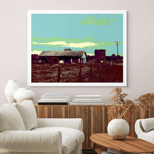 Vivid Country - Raleigh Cow Bails - 6431v10a - Room View, a stylised rural scene of an old cow shed, silo, and fenceline under power lines, with a Pop Art sky of turquoise and green.