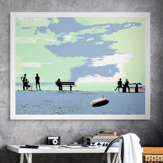 Vivid Country - Sawtell Beach Cafe - 5366v59 - Room View, a stylised pastel scene of people seated on benches along the beachfront, under a green and blue sky, with a surfboard resting in the sand in the foreground.
