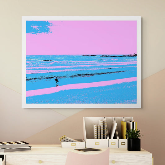 Vivid Country - Sawtell Beach Surfer - 5399v23 - Room View, a lone surfer walks across a vividly stylised shoreline of blues and pinks, with gentle waves rolling toward the beach under a bubblegum sky.