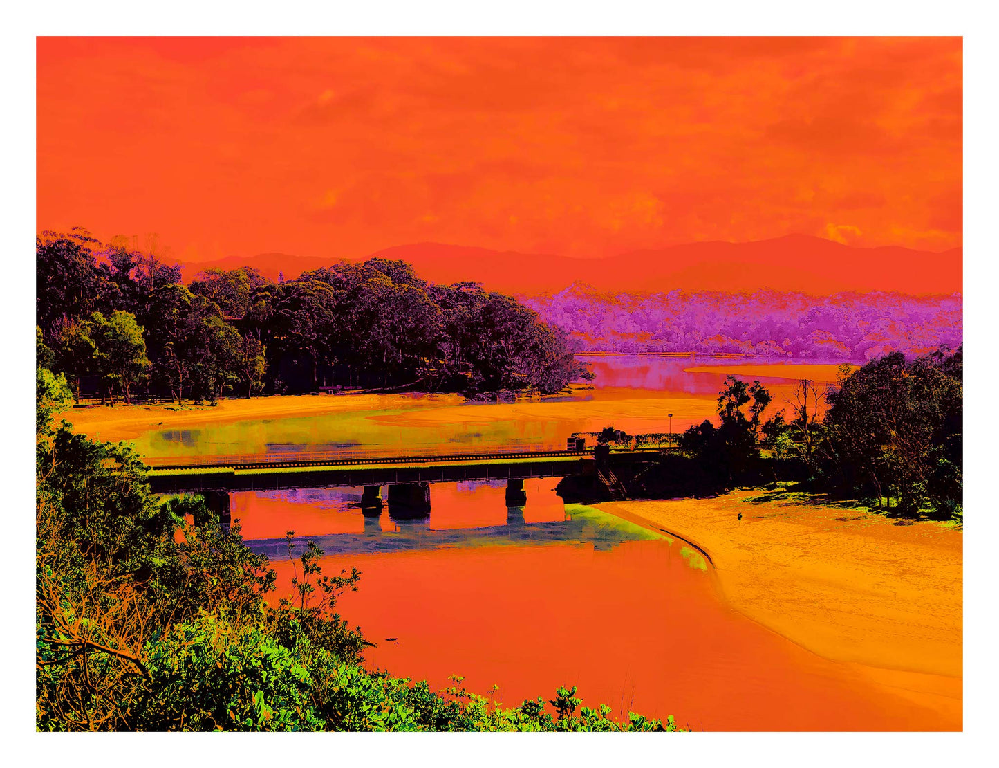 Vivid Country - Sawtell Boambee Creek Railway Bridge - 5223v14 - 104x81.5cm, a bold panoramic coastal landscape in vivid orange, green, and purple hues, featuring the Boambee railway bridge over reflective creek waters with bushland and mountain silhouettes in the distance.