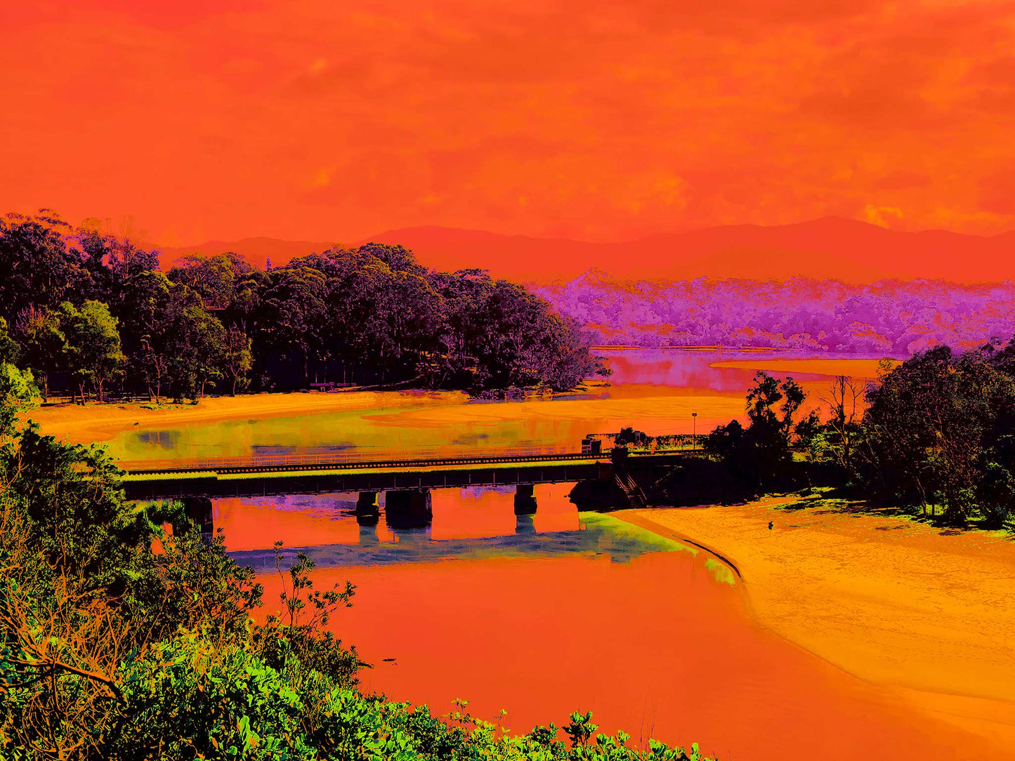 Vivid Country - Sawtell Boambee Creek Railway Bridge - 5223v14 - 90x67.5cm, a bold panoramic coastal landscape in vivid orange, green, and purple hues, featuring the Boambee railway bridge over reflective creek waters with bushland and mountain silhouettes in the distance.