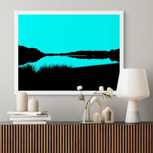 Vivid Country - Sawtell Bonville Creek to the Sea - 1053v31 - Room View, a minimalist coastal landscape with black silhouettes of foliage and a bold cyan sky reflected in a still waterway, composed in a high-contrast, Pop Art style.
