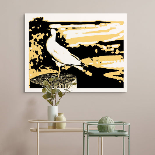 Vivid Country - Sawtell - Bonville Headland Lookout - Seagull - 19E169227 - Room View, Stylised image of a seagull perched on a wooden post, set against a graphic coastal landscape in bold tones of golden yellow, black, and white.