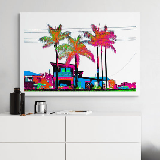Vivid Country - Sawtell Coastal Palms - 7461v27 - Room View, a bold, Pop Art-inspired coastal streetscape featuring five vibrant palm trees towering over modernist homes and vintage cars, rendered in electric tones of pink, orange, blue, and green with stark graphic contrast.