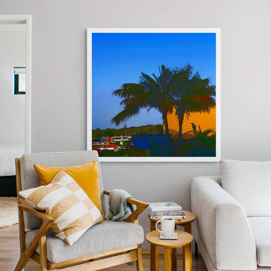 Vivid Country - Sawtell Palm Magpie - 5322v21 - Room View, a lone magpie perches in silhouette beneath palm trees at sunrise, framed by vivid blocks of orange and deep blue in a stylised Pop Art-inspired composition of a suburban coastal morning.