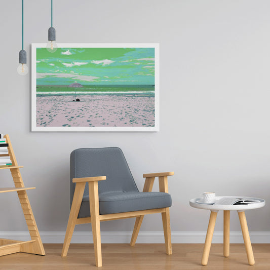 Vivid Country - Scotts Head - Beach - Umbrella - 195076v4 - Room View, Stylised beach scene featuring a single striped umbrella set on pale sand with scattered footprints, facing a calm ocean under a green-tinged sky with soft clouds.