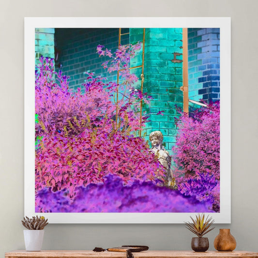 Vivid Country - Tamworth Garden Statue - 4818v6b - Room View, a Pop Art-style fine art image showing a classical statue partially hidden among vibrant pink, purple, and magenta foliage, with a turquoise brick wall in the background. A vivid, theatrical garden scene.