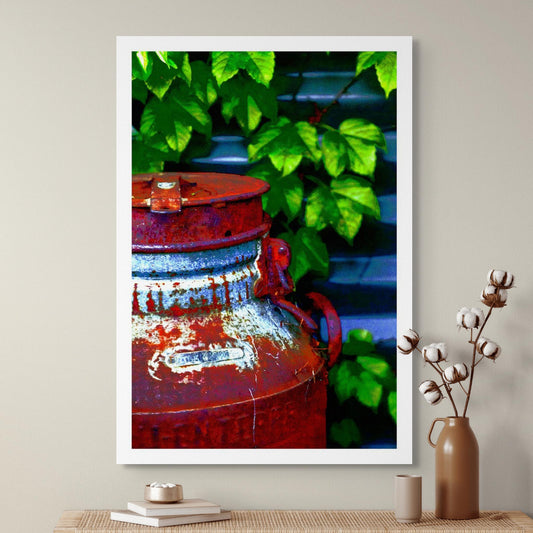 Vivid Country - Tamworth Milk Can - 4765v21 - Room View, a close-up Pop Art style image of a weathered red and silver milk can set against bright green foliage and corrugated metal. Rich with texture, colour contrast, and rural nostalgia.