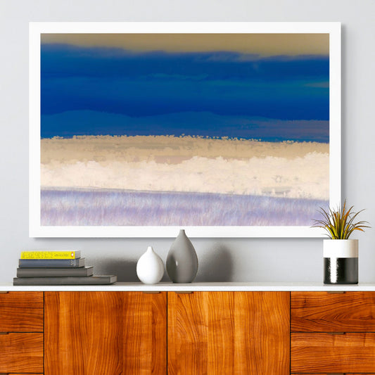 Vivid Country - Tamworth Moore Creek - 2884v6 - Room View, a soft-focus Pop Art landscape in muted pastel and deep indigo tones showing rolling hills and scattered trees near Tamworth. The inverted palette creates a dreamlike, contemplative view of rural Australia.