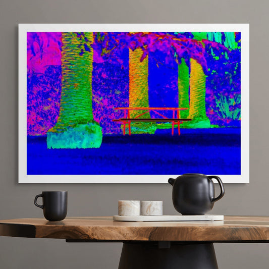 Vivid Country - Tamworth Park Bench Palms - 4820v68a - Room View, a vivid Pop Art style print of a red park bench framed by four large palm trees, set against a lush, multicoloured backdrop in blue, green, purple, and orange. A saturated scene full of visual contrast and quiet presence.